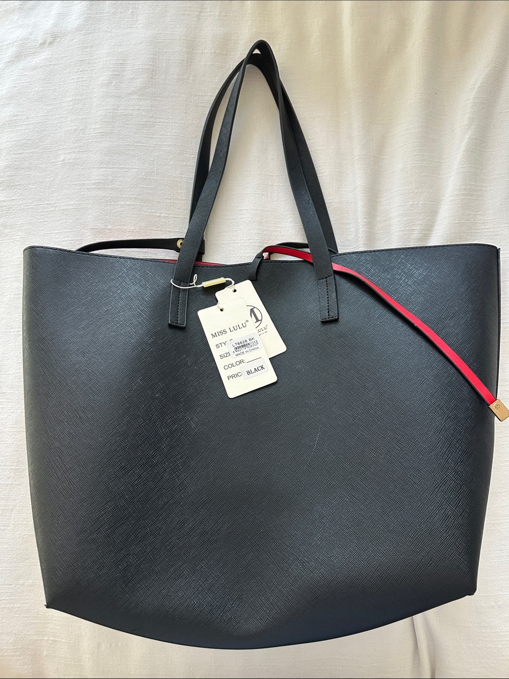 Miss LuLu Black Tote Bag with Red Accent